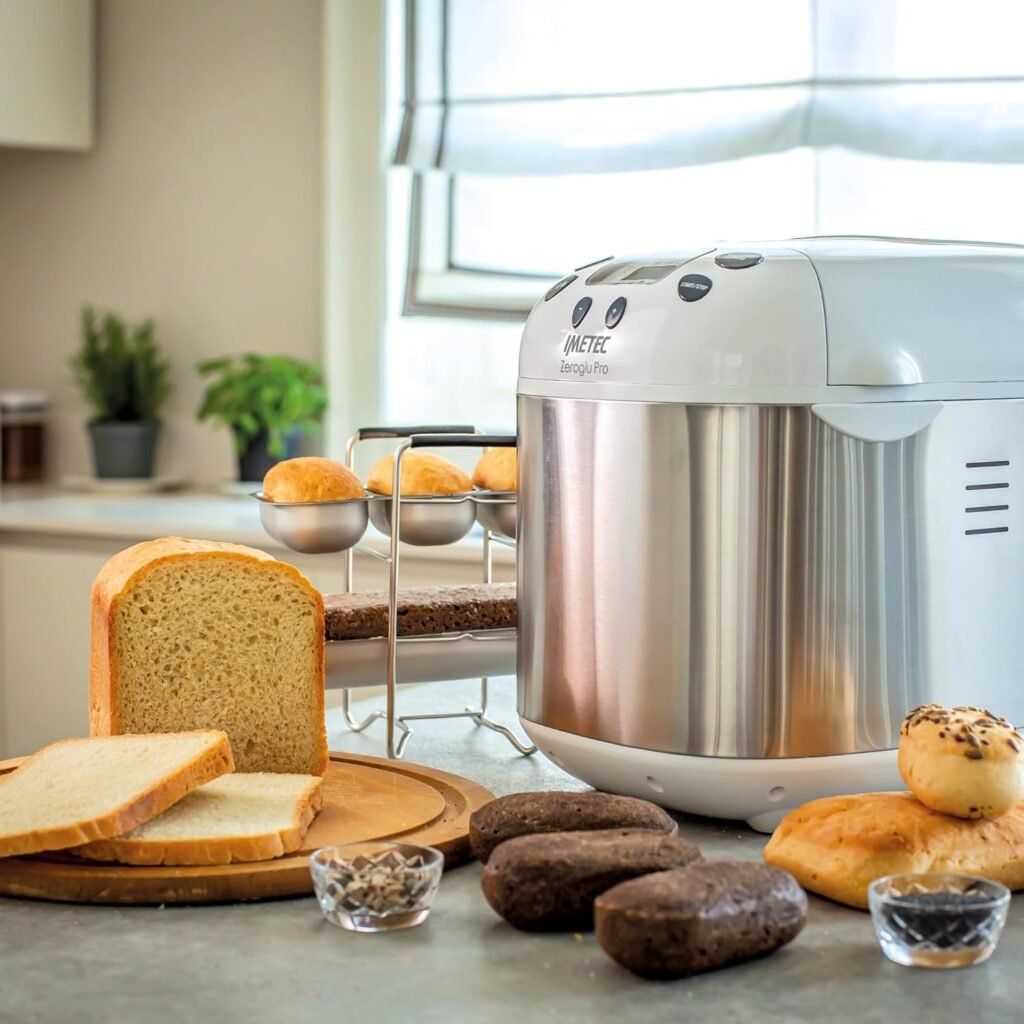 Panificadora en uso con panes sin gluten, integrales y de semillas