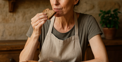 Mujer probando su pan hecho con harina integral