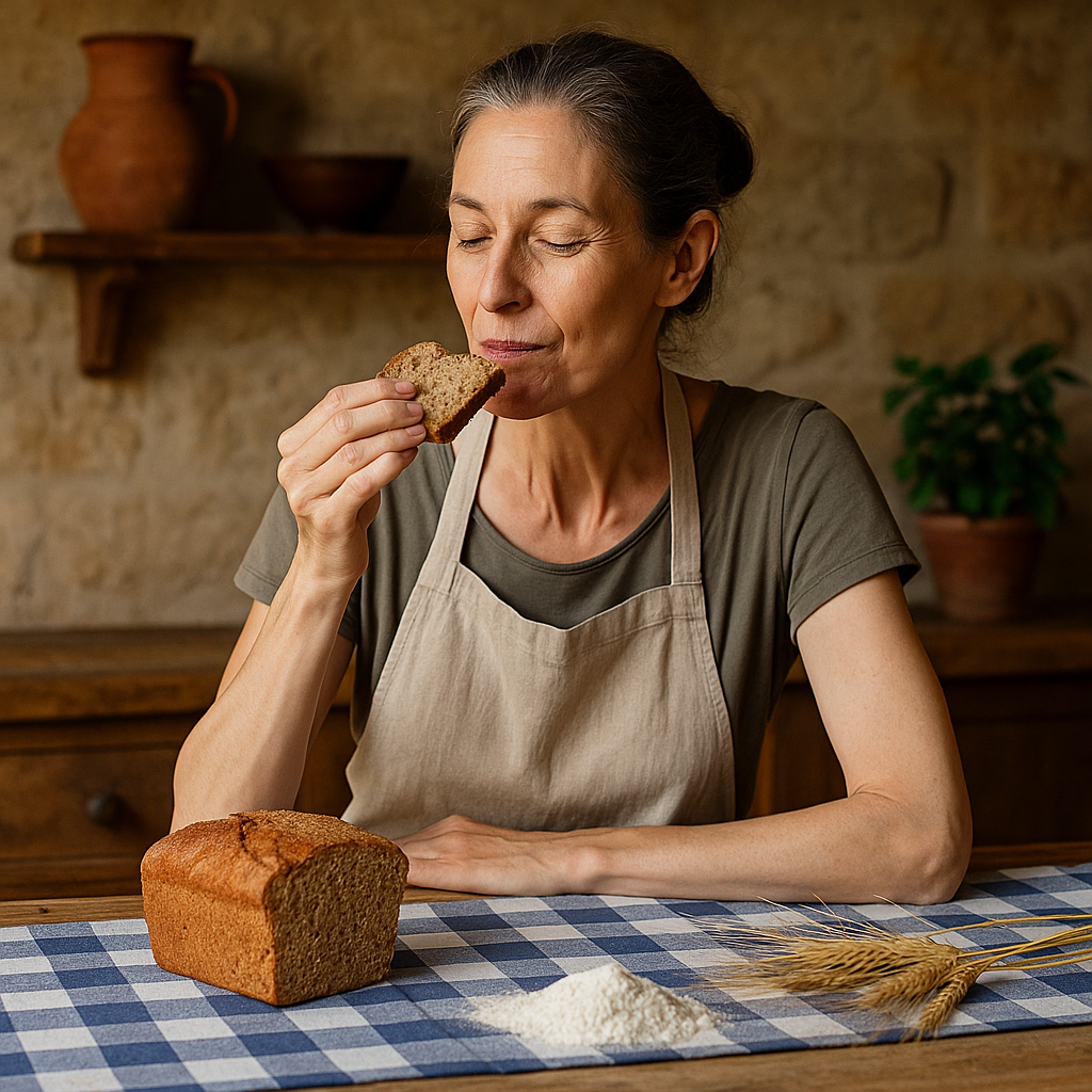 Mujer probando su pan hecho con harina integral