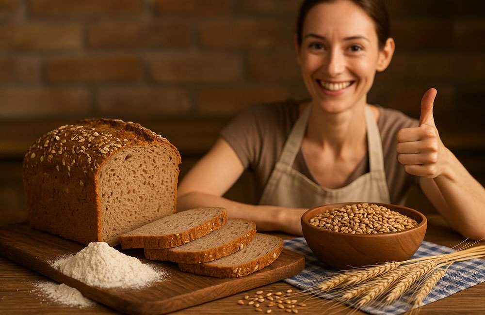 mujer muy contenta por haber hecho pan con harina integral