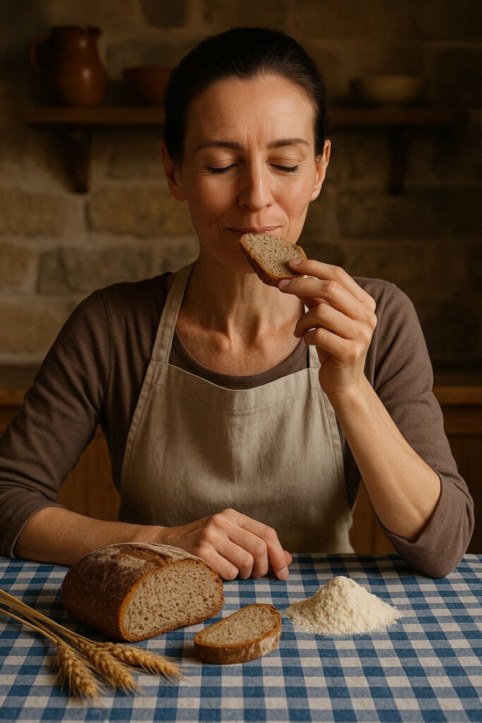 Mujer probando el pan de harina integral que ha cocinado