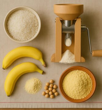 molino con diferentes alimentos o ingredientes molidos en un mantel