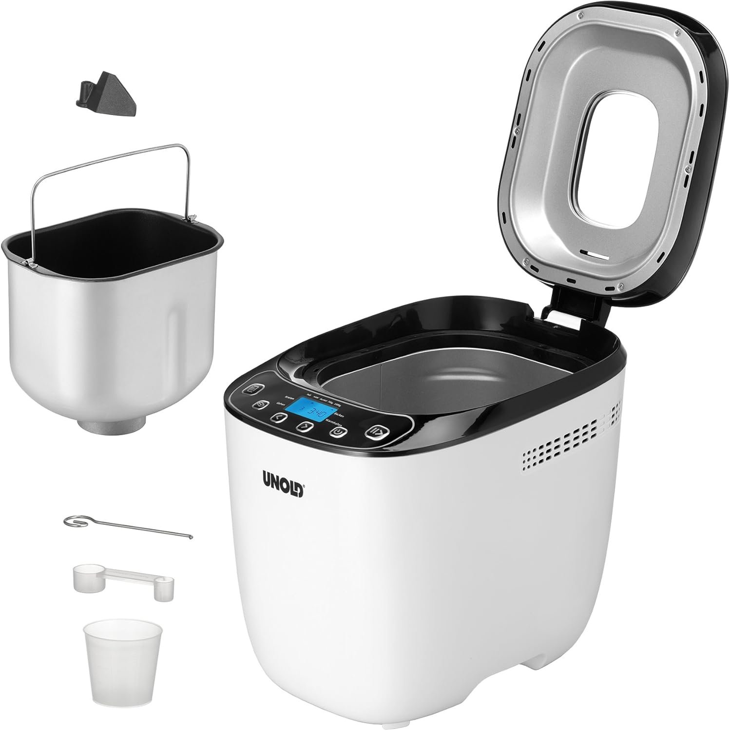 Panificadora Unold Backmeister Design 68010 con tapa abierta y accesorios incluidos