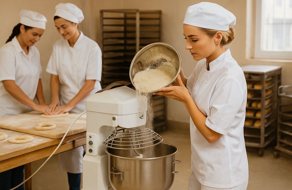Preparación de masa en equipo profesional en obrador de panadería