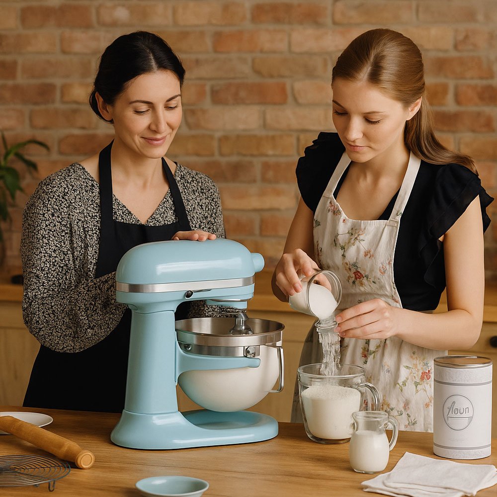 Dos mujeres utilizando una amasadora de pan para casa en una cocina rústica