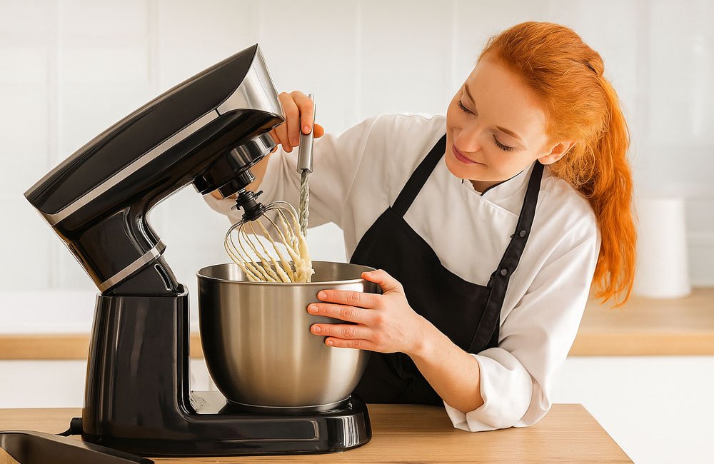Preparando masa con una amasadora de pan semiprofesional
de accero inoxidable de alto rendimiento
