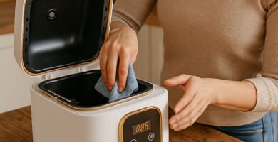 Mujer limpiando el interior de una panificadora con un trapo en una cocina rústica
