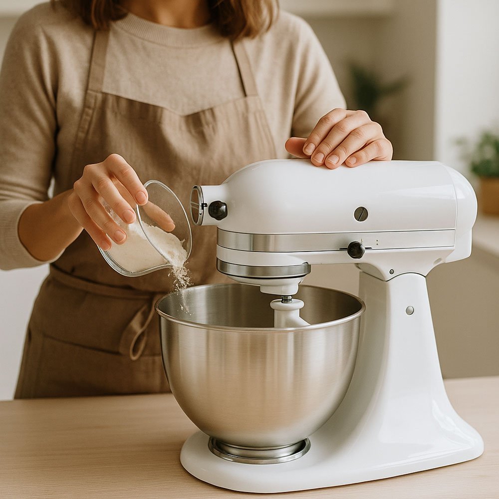 Mujer preparando masa con una amasadora de pan blanca en cocina luminosa.
