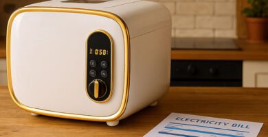 Panificadora eléctrica sobre mesa de cocina rústica junto a factura de luz de 43 euros