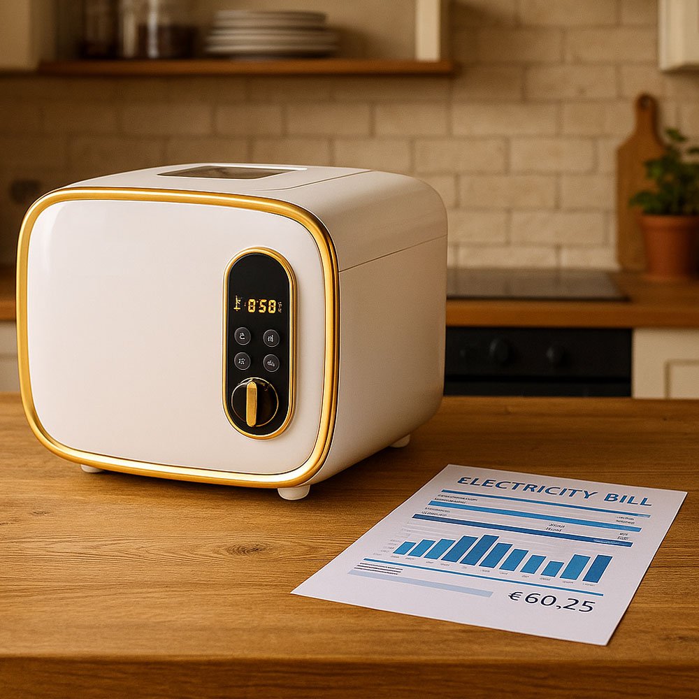Panificadora eléctrica sobre mesa de cocina rústica junto a factura de luz de 43 euros