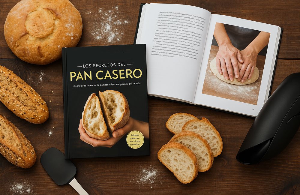 Libro abierto con recetas de pan casero en cocina artesanal