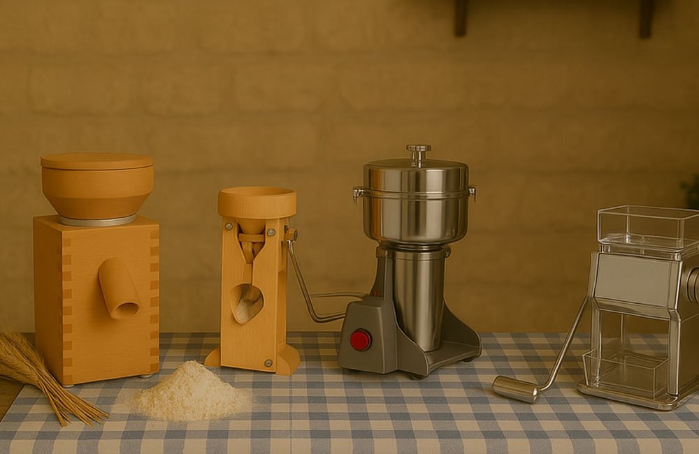 Molino de harina sobre una mesa rústica con trigo y bol de harina