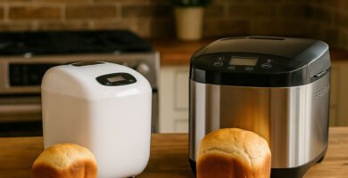 Panificadora grande y panificadora pequeña con pan recién hecho en una cocina rústica.