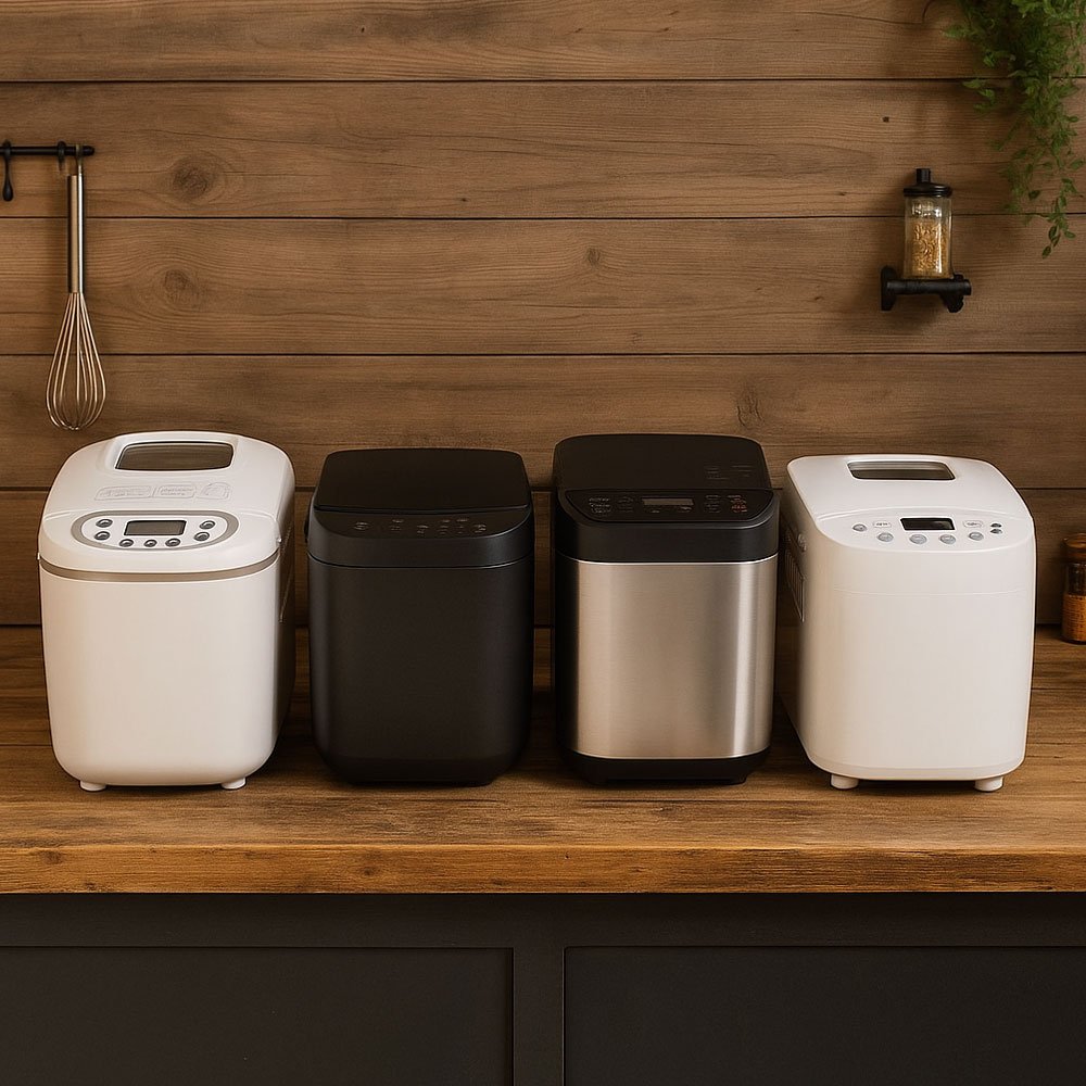 modelos de panificadoras automáticas en cocina rústica con hogazas de pan recién hecho