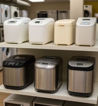 Exposición en un estante para elegir entre comprar una panificadora barata o o una de segunda mano