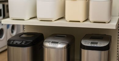 Exposición en un estante para elegir entre comprar una panificadora barata o o una de segunda mano