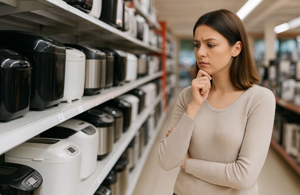 Mujer observando panificadoras en una tienda de electrodomésticos con gesto pensativo