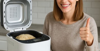 Panificadora abierta en funcionamiento con mujer dando aprobación