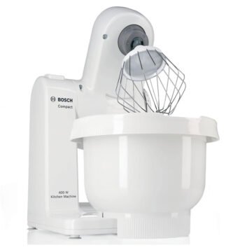 Imagen destacada de la amasadora Bosch MUM 4405 en color blanco, vista lateral con bol incorporado