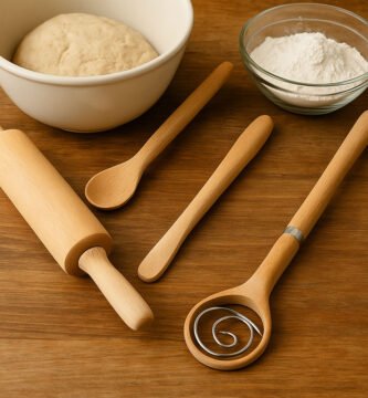 amasadoras de madera artesanlaes para pan encima de una mesa rústica
