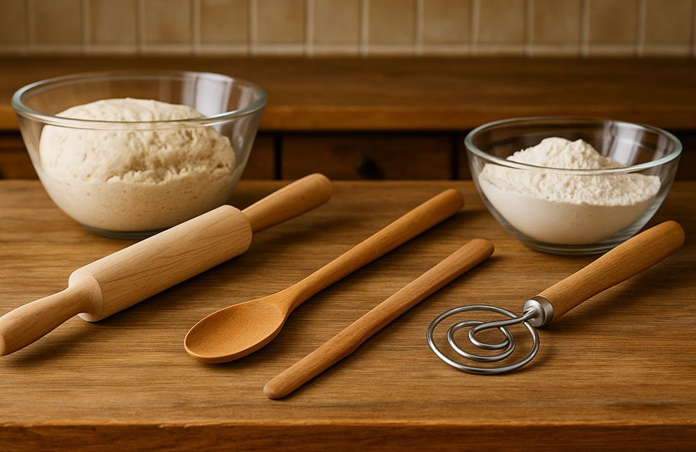 amasadoras de madera artesanlaes para pan encima de una mesa